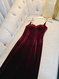 Elegant Sheath Spaghetti Straps Burgundy Velvet Sleeveless Long Evening Party Gowns Evening Formal Dresses Prom Dress HZ1121