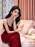 Elegant Sheath Spaghetti Straps Burgundy Velvet Sleeveless Long Evening Party Gowns Evening Formal Dresses Prom Dress HZ1121