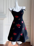 Trendy A line Spaghetti Straps Black Floral Short 8th Grade Homecoming Dress Summer Middle School Hoco Dresses Cocktail Dress Birthday Outfits HZ1121