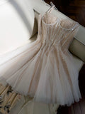 Cute A line Spaghetti Straps Champagne Formal Short 8th Grade Homecoming Dress Summer Middle School Hoco Dresses Birthday Outfits HZ1121