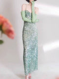 Elegant Sheath Spaghetti Straps Sequin Green Sleeveless Long Evening Party Gowns Evening Formal Dresses Prom Dress HZ1121