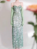 Elegant Sheath Spaghetti Straps Sequin Green Sleeveless Long Evening Party Gowns Evening Formal Dresses Prom Dress HZ1121
