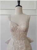 Cute A line Spaghetti Straps Champagne Sequin Formal Short 8th Grade Homecoming Dress Summer Middle School Hoco Dresses Birthday Outfits HZ1121