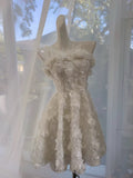 Cute A line Spaghetti Straps White Flowers Formal Short 8th Grade Homecoming Dress Summer Middle School Hoco Dresses Birthday Outfits HZ1121