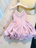 Trendy Ball Gown Spaghetti Straps Pink Satin Sleeveless Formal Short 8th Grade Homecoming Dress Summer Middle School Hoco Dresses Cocktail Dress Birthday Outfits HZ1121