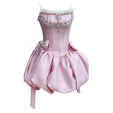Trendy Ball Gown Spaghetti Straps Pink Satin Sleeveless Formal Short 8th Grade Homecoming Dress Summer Middle School Hoco Dresses Cocktail Dress Birthday Outfits HZ1121