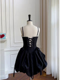 Elegant A line Spaghetti Straps Little Black Dress Satin Sleeveless Formal Short 8th Grade Homecoming Dress Summer Middle School Hoco Dresses Cocktail Dress Birthday Outfits HZ1121