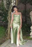 Sexy Mermaid Spaghetti Straps Mint Green Satin Slit Prom Dresses Party Dress Summer 20th Birthday Outfits Birthday Dresses HZ1121
