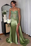 Sexy Mermaid Spaghetti Straps Mint Green Satin Slit Prom Dresses Party Dress Summer 20th Birthday Outfits Birthday Dresses HZ1121