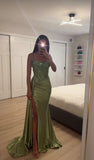 Sexy Mermaid Spaghetti Straps Mint Green Satin Slit Prom Dresses Party Dress Summer 20th Birthday Outfits Birthday Dresses HZ1121