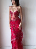 Sexy Mermaid Spaghetti Straps Red Long Prom Dresses Party Dress Summer 20th Birthday Outfits Birthday Dresses HZ1121