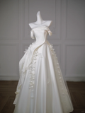 Pretty Wedding Dress Ball Gown Off The Shoulder Ivory Satin Long Wedding Dresses Bridal Gowns HZ1121