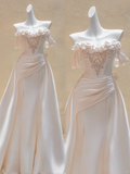 Pretty Wedding Dress Sheath Off The Shoulder Light Pink Satin Long Wedding Dresses Bridal Gowns HZ1121