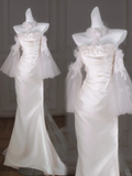 Dreamy Wedding Dress Mermaid Off The Shoulder White Satin Summer Long Wedding Dresses Bridal Gowns With Sleeves HZ1121