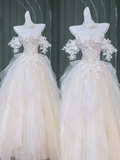 Dreamy Wedding Dress Ball Gown Off The Shoulder White Tulle Summer Long Wedding Dresses Bridal Gowns With Sleeves HZ1121