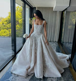 Pretty Wedding Dress Ball Gown Square Neck Lace Long White Wedding Dresses Bridal Gowns HZ1121