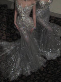 Sexy Wedding Dress Mermaid Round Neck Sequin Long White Wedding Dresses Bridal Gowns HZ1121