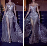 Sparkly Wedding Dress Mermaid Off The Shoulder Sequin Long Silver Slit Wedding Dresses Brides Dress Bridal Gowns HZ1121