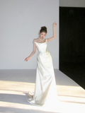 Dreamy Wedding Dress Sheath Off The Shoulder White Satin Summer Long Wedding Dresses Bridal Gowns HZ1121