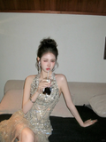 Classy Mermaid Halter Sequin Champagne Tulle Sequin Long Prom Dresses Party Dress Birthday Outfits Graduation Dresses HZ1121