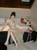 Classy Mermaid Halter Sequin Champagne Tulle Sequin Long Prom Dresses Party Dress Birthday Outfits Graduation Dresses HZ1121