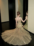 Classy Mermaid Scoop Sequin Gold Long Prom Dresses Party Dress Birthday Outfits Graduation Dresses HZ1121
