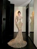 Classy Mermaid Scoop Sequin Gold Long Prom Dresses Party Dress Birthday Outfits Graduation Dresses HZ1121