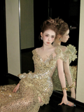 Classy Mermaid Scoop Sequin Gold Long Prom Dresses Party Dress Birthday Outfits Graduation Dresses HZ1121