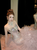 Classy Mermaid High Neck Pink Sequin Layers Tulle Long Prom Dresses Party Dress Birthday Outfits Graduation Dresses HZ1121