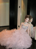Classy Mermaid High Neck Pink Sequin Layers Tulle Long Prom Dresses Party Dress Birthday Outfits Graduation Dresses HZ1121