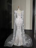 Pretty Wedding Dress Mermaid Scoop Neck Lace Sequin White Long Luxury Wedding Dresses Bridal Gowns Brides Gown HZ1121