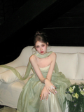Classy A line Strapless Sage Green Satin Layers Long Prom Dresses Party Dress Birthday Outfits Graduation Dresses HZ1121