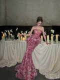 Classy Mermaid Strapless Pink Floral Rose Layers Long Prom Dresses Party Dress Birthday Outfits Graduation Dresses HZ1121