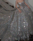 Pretty Wedding Dress Ball Gown Strapless Silver Sequin Long Luxury Wedding Dresses Bridal Gowns Brides Gown HZ1121