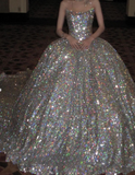 Pretty Wedding Dress Ball Gown Strapless Silver Sequin Long Luxury Wedding Dresses Bridal Gowns Brides Gown HZ1121