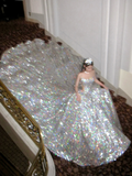 Pretty Wedding Dress Ball Gown Strapless Silver Sequin Long Luxury Wedding Dresses Bridal Gowns Brides Gown HZ1121