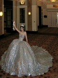 Pretty Wedding Dress Ball Gown Strapless Silver Sequin Long Luxury Wedding Dresses Bridal Gowns Brides Gown HZ1121