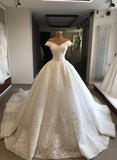 Unique Bridal Gown Ball Gown Off The Shoulder White Short Sleeves Lace Wedding Dresses Pretty Bridal Gowns HZ1121