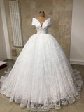 Classic Wedding Dress Ball Gown Off The Shoulder White Lace Wedding Dresses Dreamy Bridal Gowns HZ1121