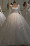 Unique Bridal Dress Ball Gown Square Neck White Sequin Long Sleeves Wedding Dresses Pretty Bridal Gowns HZ1121