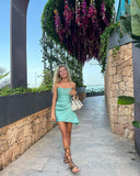 Cute A Line Strapless Mint Green Satin Mini Short Formal 7th Grade Homecoming Dresses Middle School Short Prom Dress Hoco Outfits HZ1121