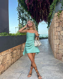 Cute A Line Strapless Mint Green Satin Mini Short Formal 7th Grade Homecoming Dresses Middle School Short Prom Dress Hoco Outfits HZ1121