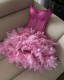 Trendy Sheath Sweetheart Pink Beads Feathers Sequin Mini Short Formal 8th Grade Homecoming Dresses Middle School Short Prom Dress Hoco Outfits HZ1121