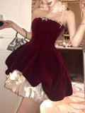 Cute Ball Gown Strapless Burgundy Velvet Mini Short Formal 7th Grade Homecoming Dresses Middle School Short Prom Dress Cocktail Outfits HZ1121
