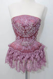 Unique Sheath Strapless Pink Lace Sleeveless Mini Formal 7th Grade Homecoming Dresses Middle School Short Prom Dress Hoco Outfits HZ1121