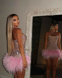Trendy Sheath Halter Pink Beads Feathers Sequin Mini Short Formal 8th Grade Homecoming Dresses Middle School Short Prom Dress Hoco Outfits HZ1121