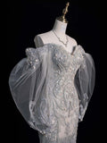 Princess Bridal Dress Mermaid Off The Shoulder Lace Tulle Wedding Dress With Long Sleeves Wedding Dresses Modest Wedding Gowns HZ1121