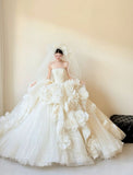 Princess Bridal Dress Ball Gown Strapless Tulle Satin Wedding Dress With Flowers White Wedding Dresses Modest Wedding Gowns HZ1121