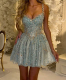 Unique A Line Spaghetti Straps Sequin Light Sky Blue Short Mini Formal 7th Grade Homecoming Dresses Middle School Short Cocktail Night Dress Hoco Outfits HZ1121