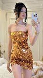 Trendy Sheath Strapless Sequin Gold Mini Short Formal 8th Grade Homecoming Dresses Middle School Cocktail Dress Cocktail Outfits HZ1121